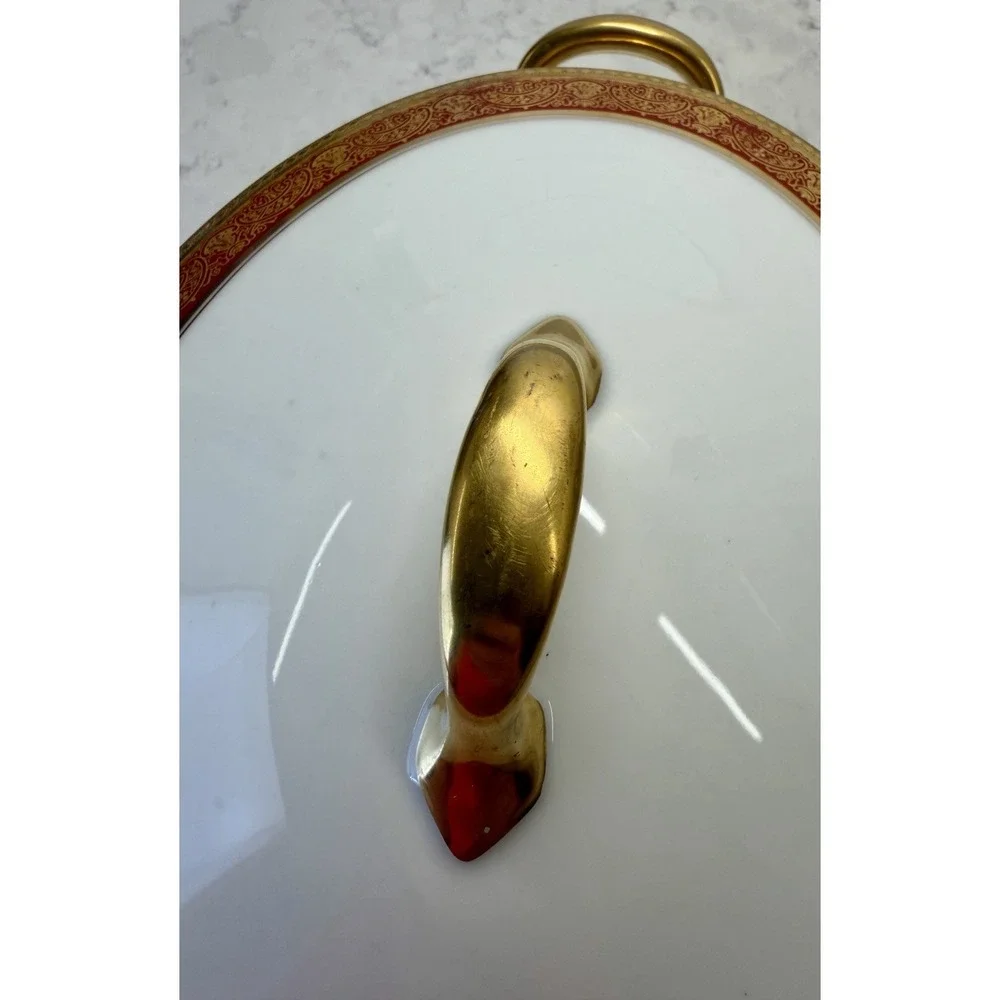Antique B&C Limoges France Porcelain Soup Tureen Lidded Oval Red Gold Gilt 16765